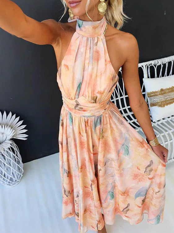 Women's Elegant Summer Multicolor Flower Printed Halter-Neck Backless Dress