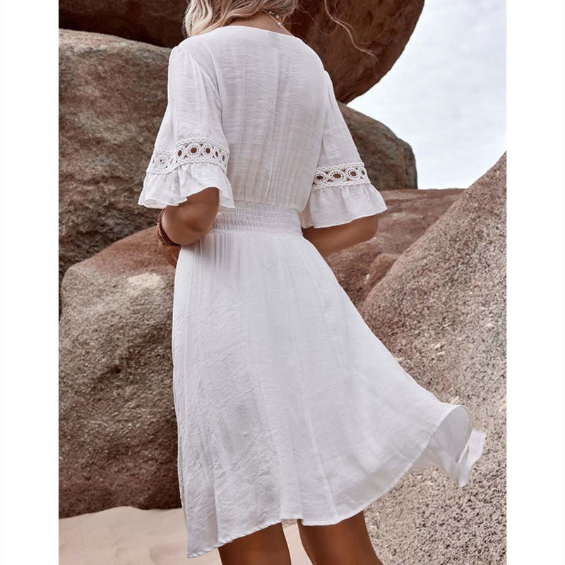 Women's Casual Boho Lace Stitching V-Neck Short Sleeve Hollow-Out Dress