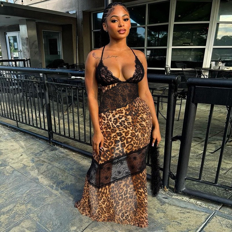 Women's Sexy Leopard Print Stitching Lace Deep V Spaghetti Strap Fishtail Dress