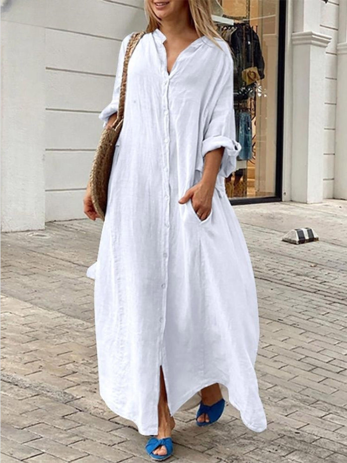 Women's Casual Cotton Linen Solid Color Pocket Shirt Maxi Dress