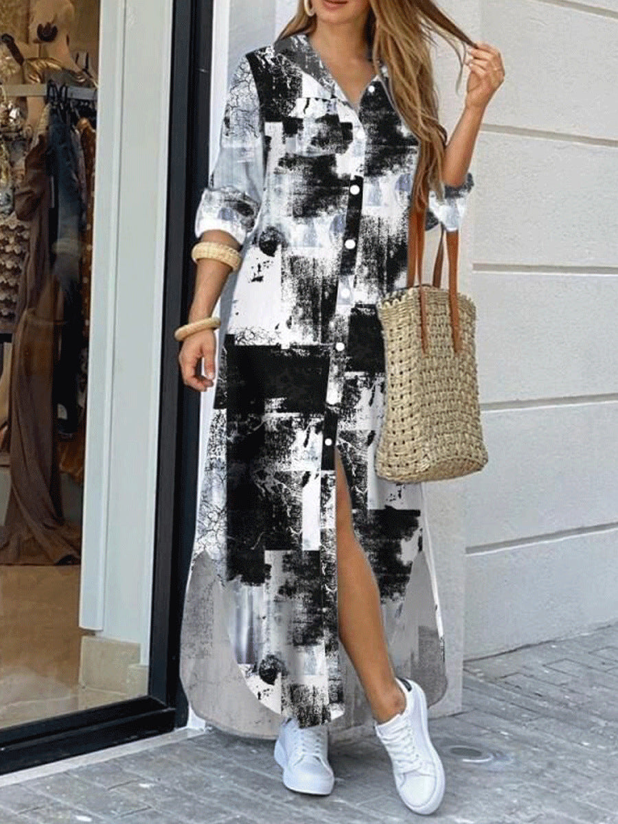 Women's Spring and Summer Camouflage Printed Lapel Long Sleeve Loose Dress