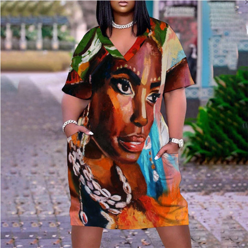Women's Casual Mid-Length Large Size Loose Printed V-Neck Long Sleeve Dress