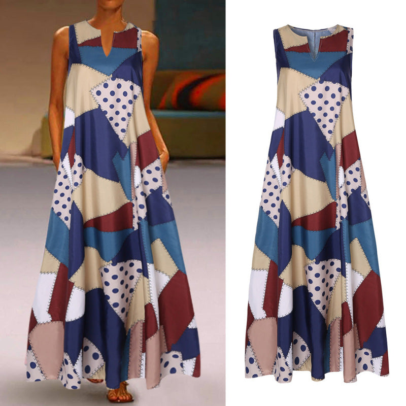 Women's Boho V-Neck Sleeveless Retro Print Color Block Stitching Maxi Dress