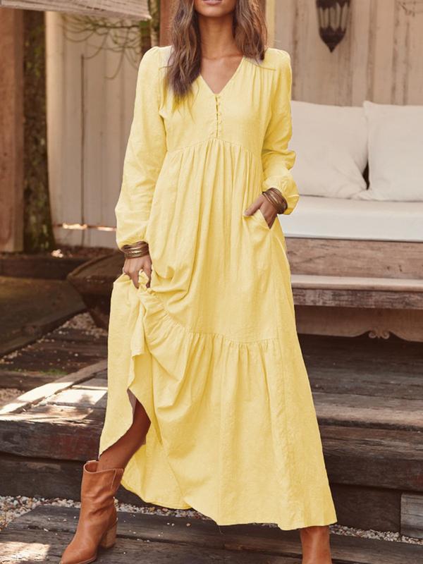 Women's Autumn Winter Cotton Linen Retro Casual Long Sleeve Loose Maxi Dress