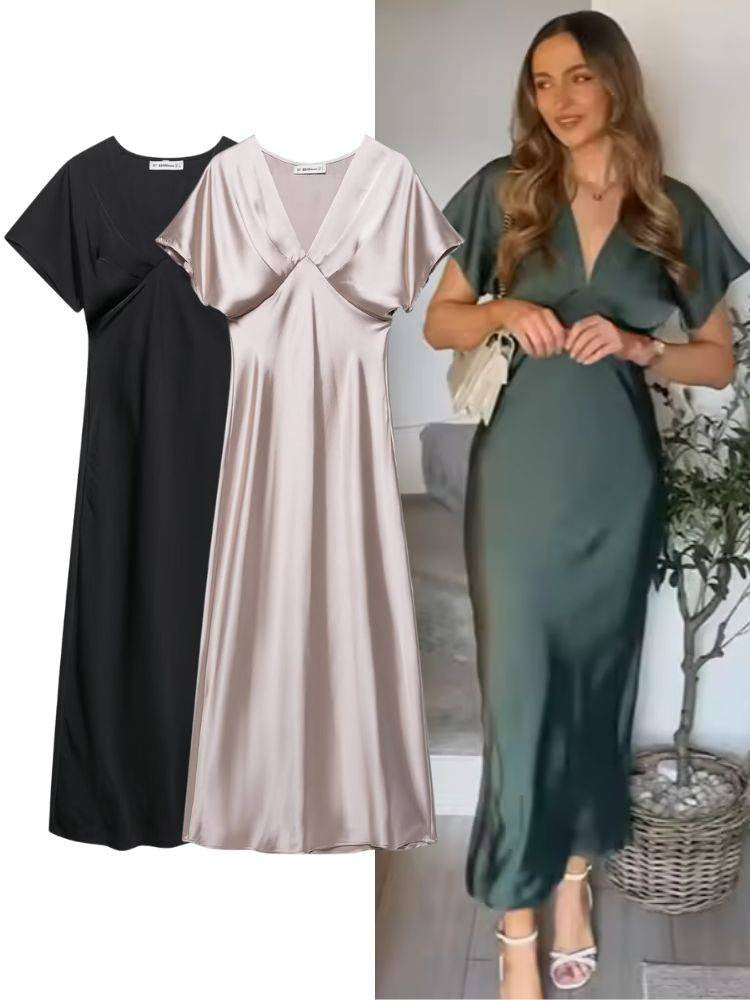 Women's Spring and Summer Solid Color Silk Satin V-Neck Short Sleeve Dress