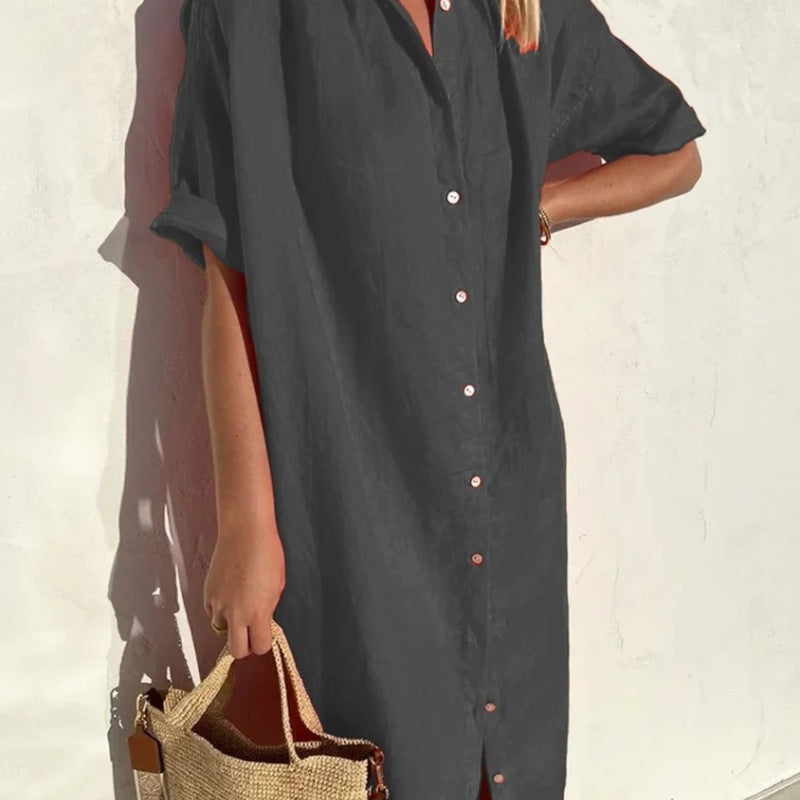 Women's Elegant Short Sleeve Button Cotton Linen Long Pocket Maxi Shirt Dress