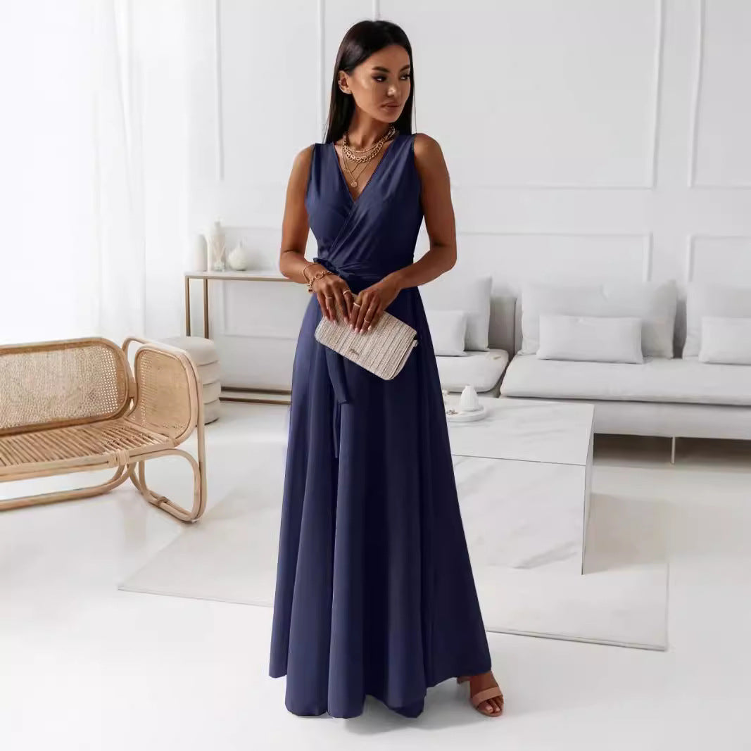 Women's Casual Summer Solid Color Lace-Up V-Neck Sleeveless Long Dress