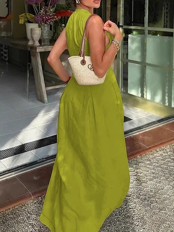 Women's Casual Summer Solid Color Sleeveless Zipper Long A-Line Dress