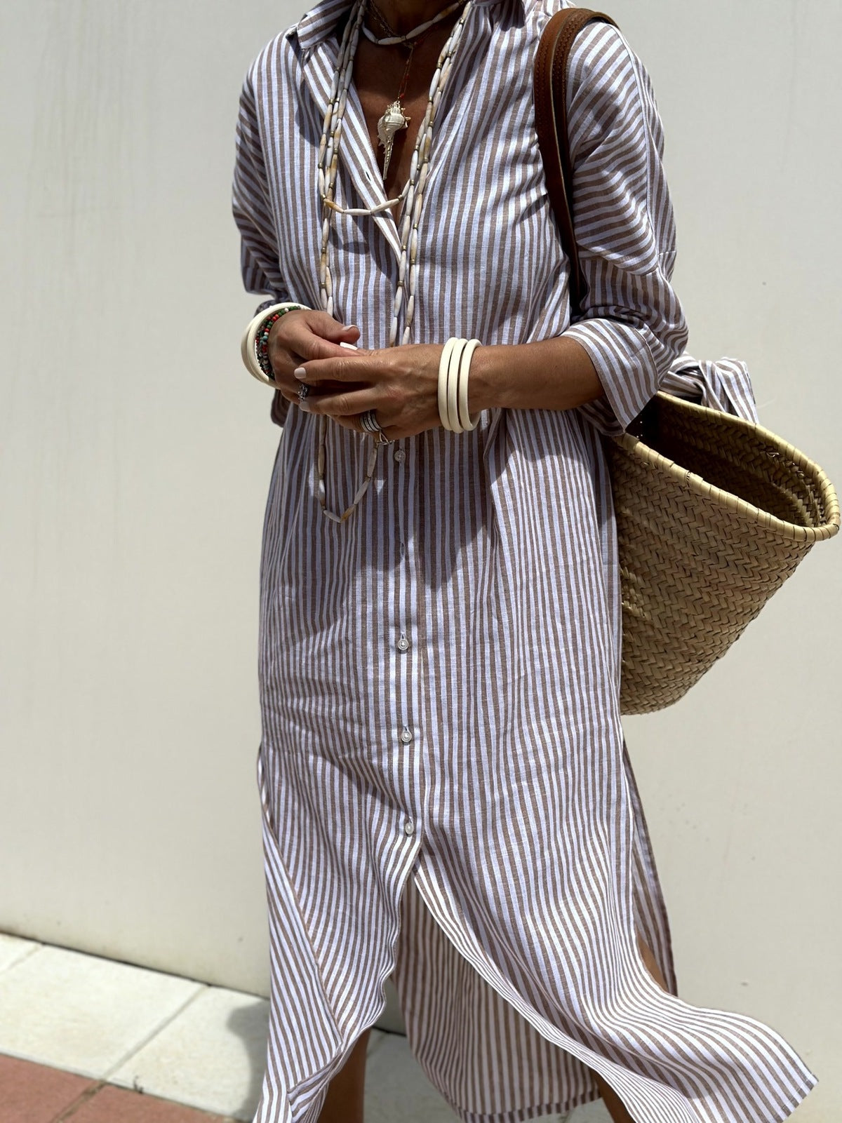 Women's Casual Stripe Printed Lapel Long Sleeve Loose Shirt Dress