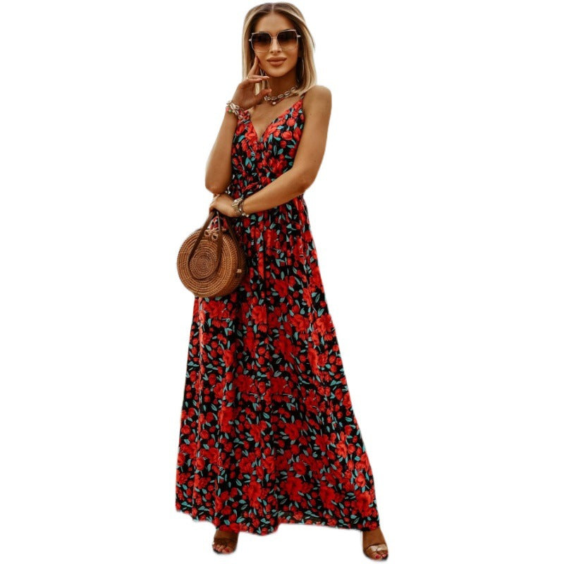 Women's Summer Boho Vacation Printed V-Neck Sleeveless Dress