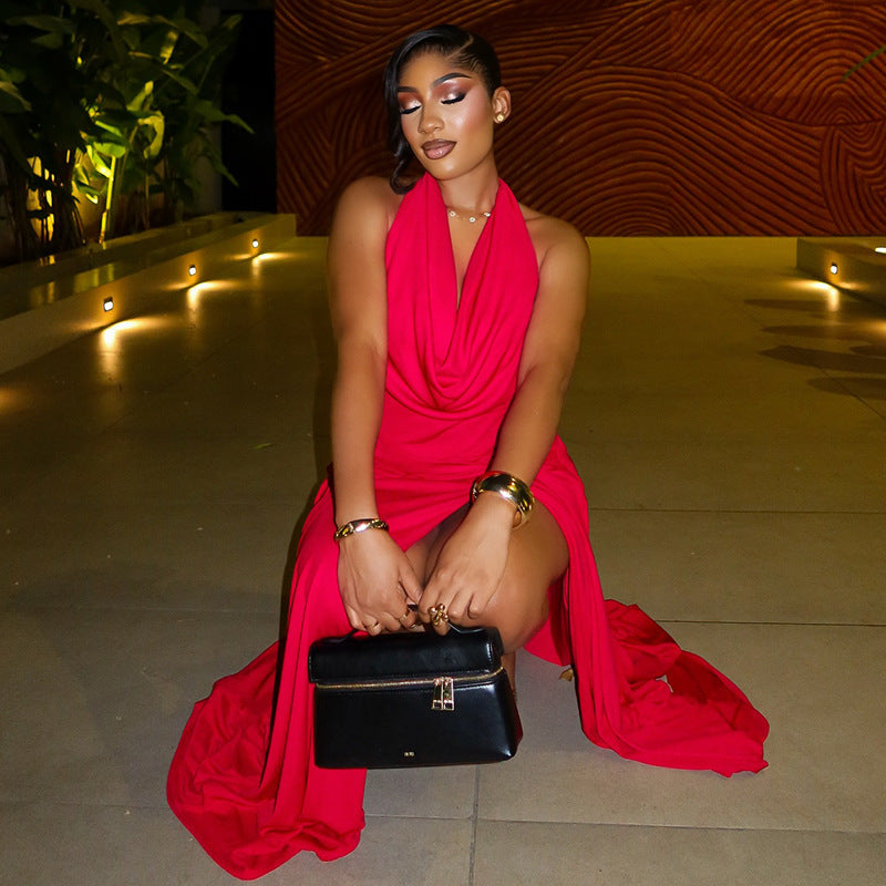Women's Sexy Solid Side Halter Cowl Neck Sleeveless Maxi Dress