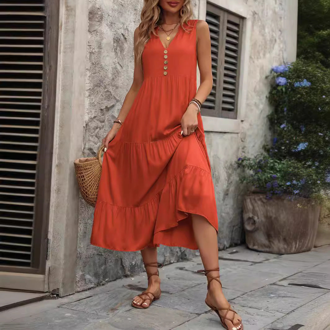 Women's Summer Casual Solid Color V-Neck Loose Sleeveless Maxi Dress