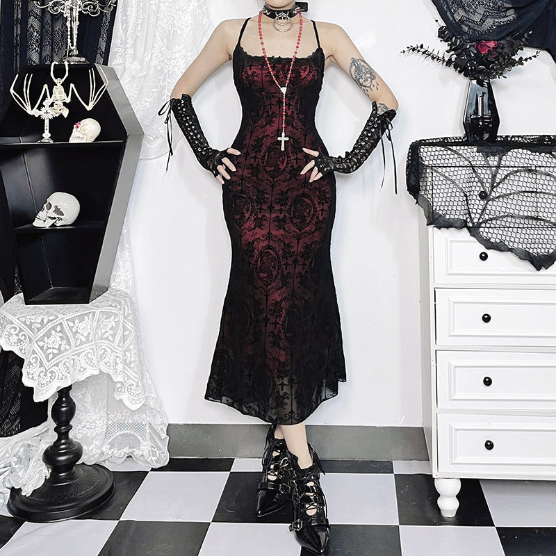 Women's Sexy Retro Gothic Lace Cross Flocking Camisole Maxi Dress