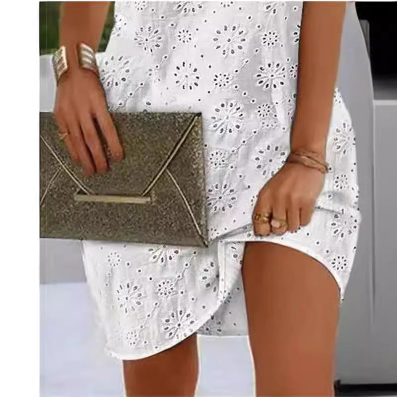 Women's Casual Embroidery Hollow-Out V-Neck Sleeveless Lace-Up Dress