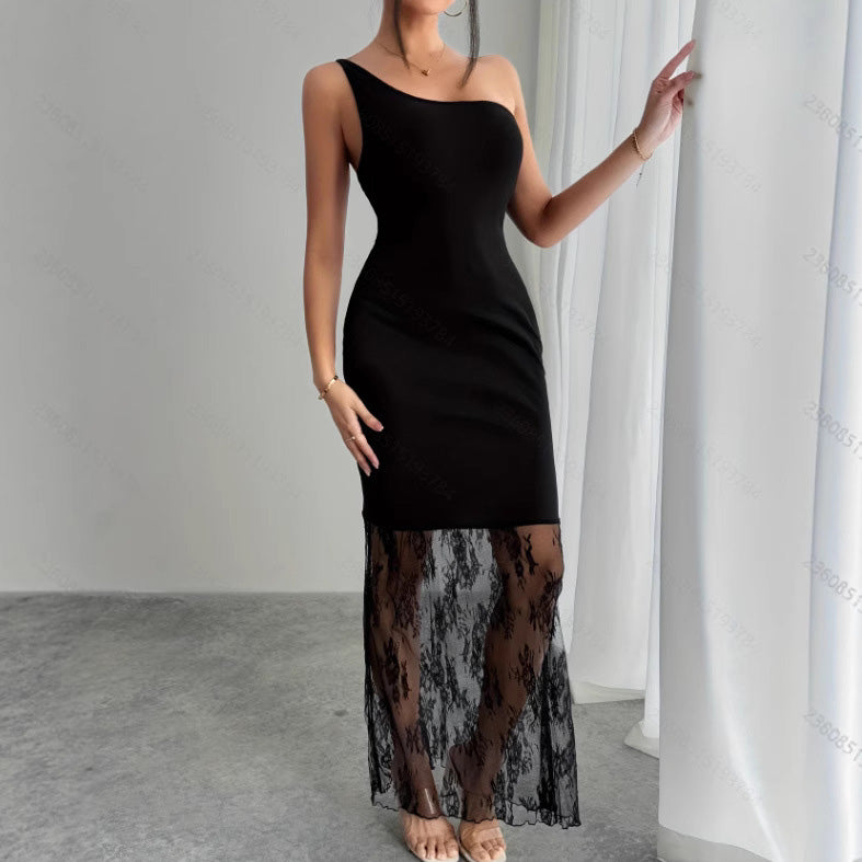 Women's Sexy Lace Splice Slanted Shoulder Sleeveless Maxi Dress