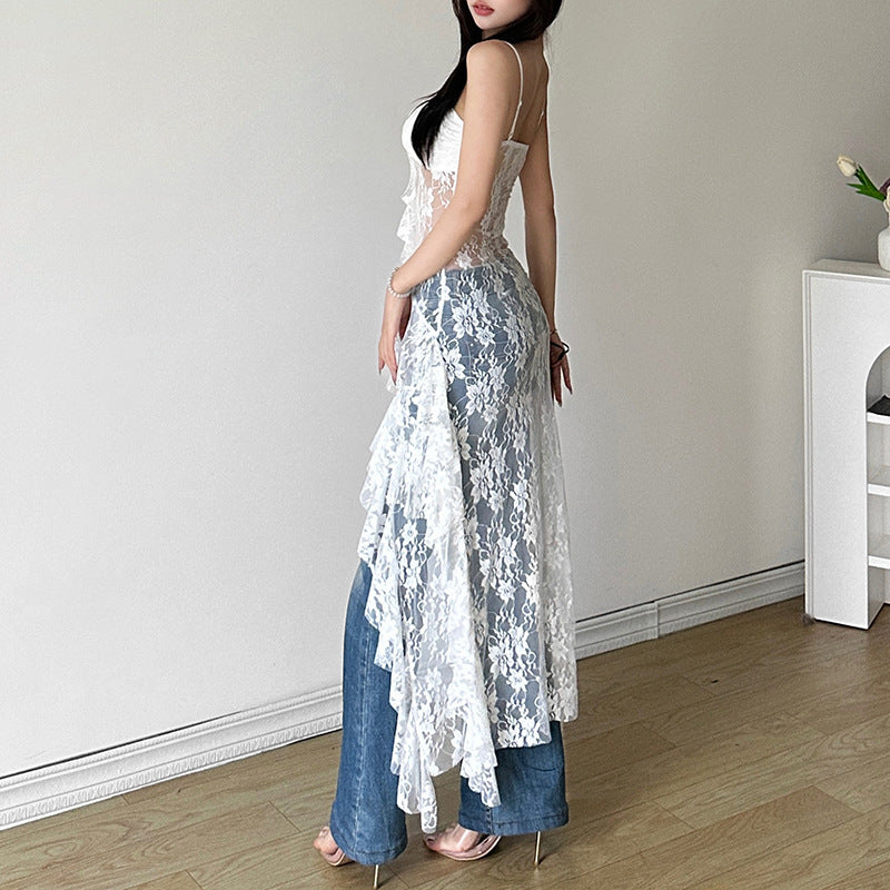 Women's Sexy Summer Solid Color Lace Slim-Fit Spaghetti Strap Backless Dress