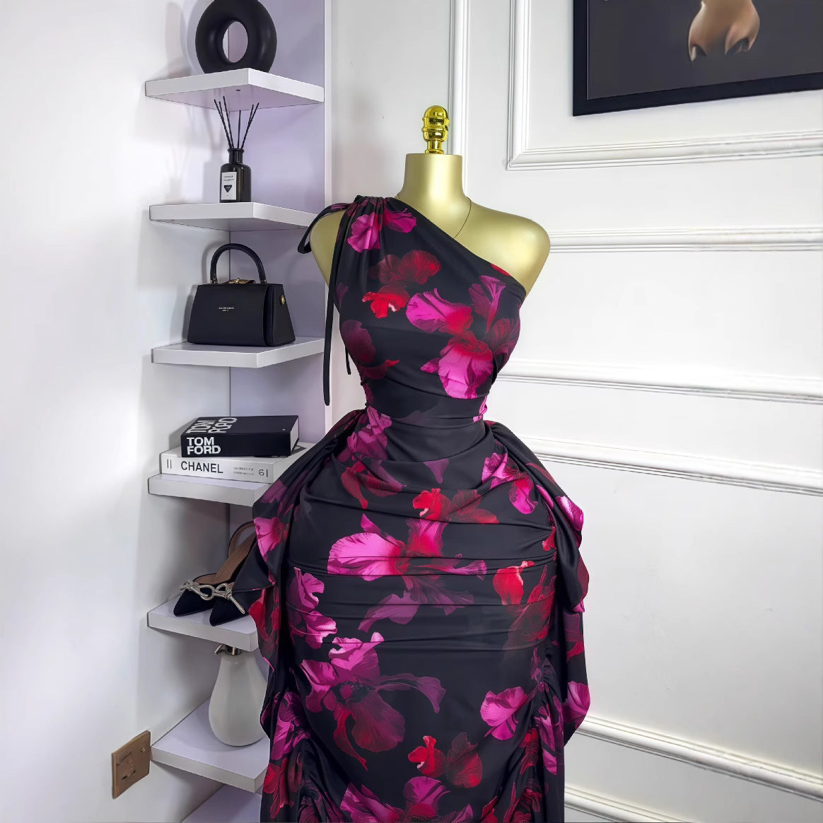Women's Sexy Floral Printed Sleeveless Slanted Shoulder Lace-Up Ruffled Dress