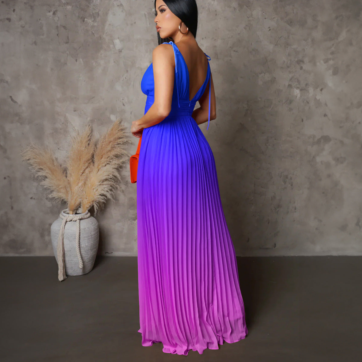 Women's Summer Sexy Deep V Backless Strap Gradient Maxi Dress