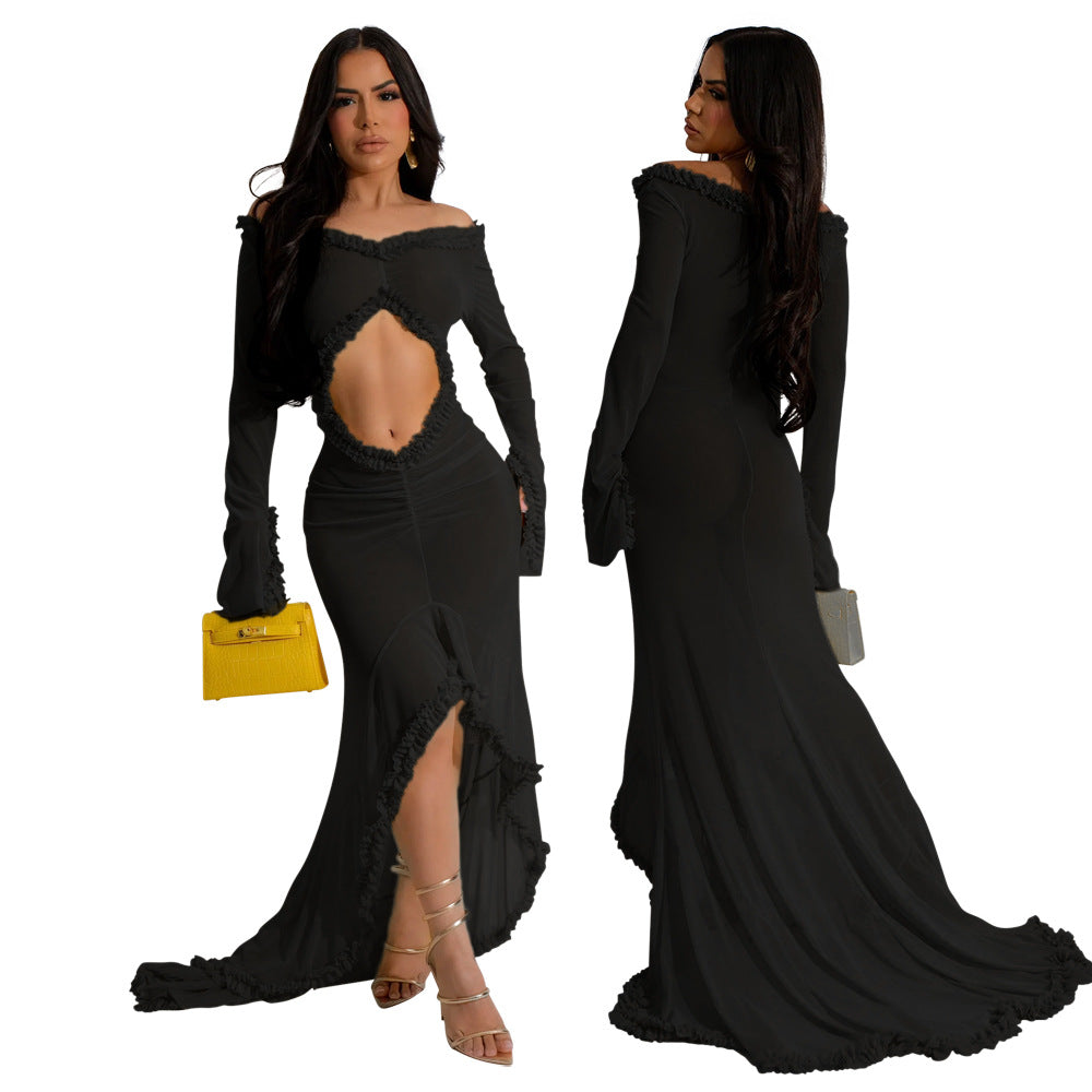 Women's Sexy V-Neck Solid Color Long Sleeve Off-Shoulder Wrap Hip Maxi Dress
