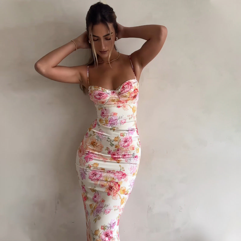 Women's Print Sexy Backless Sling Bodycon Maxi Dress