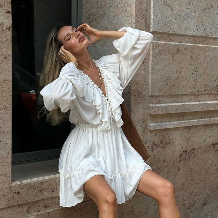 Women's V-Neck Long Sleeve Ruffled Solid Color Midi Dress
