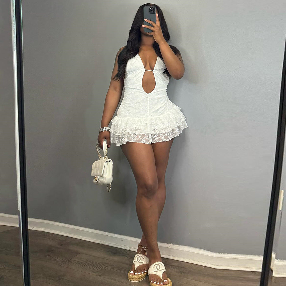Women's Sexy Lace Hollow Out Halter-Neck Backless Sleeveless Dress
