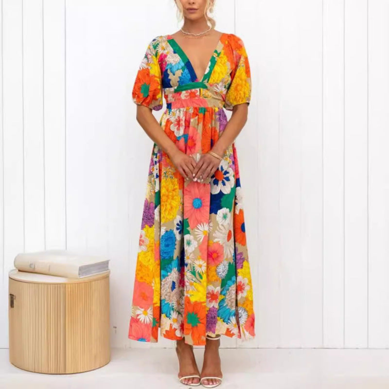 Women's Casual Printed V-Neck Puff Sleeve Vacation Maxi Dress