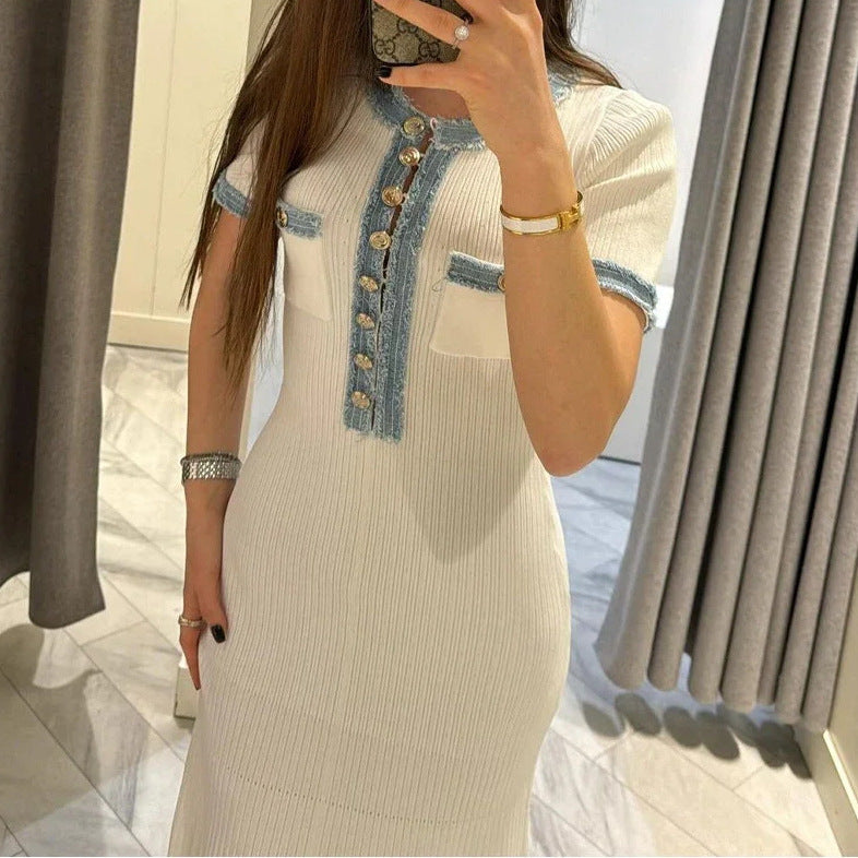 Women's Summer Denim Stitching Maxi Dress, with Boat