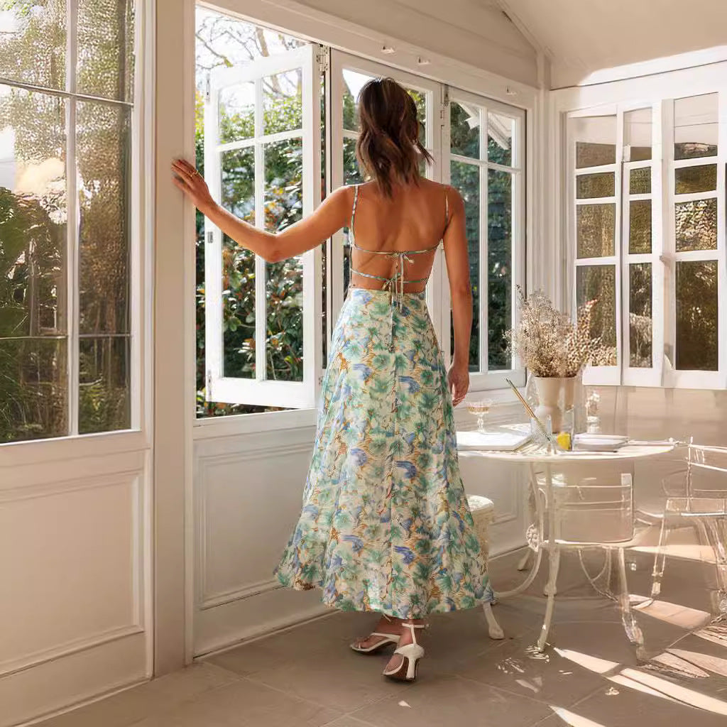 Women's Spaghetti Strap Summer Backless Sexy Vacation Floral Sling Maxi Dress