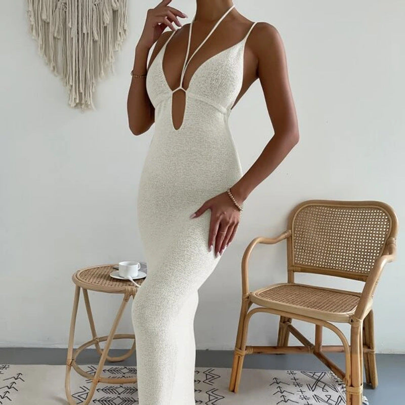 Women's Sexy Hollow Backless Spaghetti Strap Long Dress, Solid Color