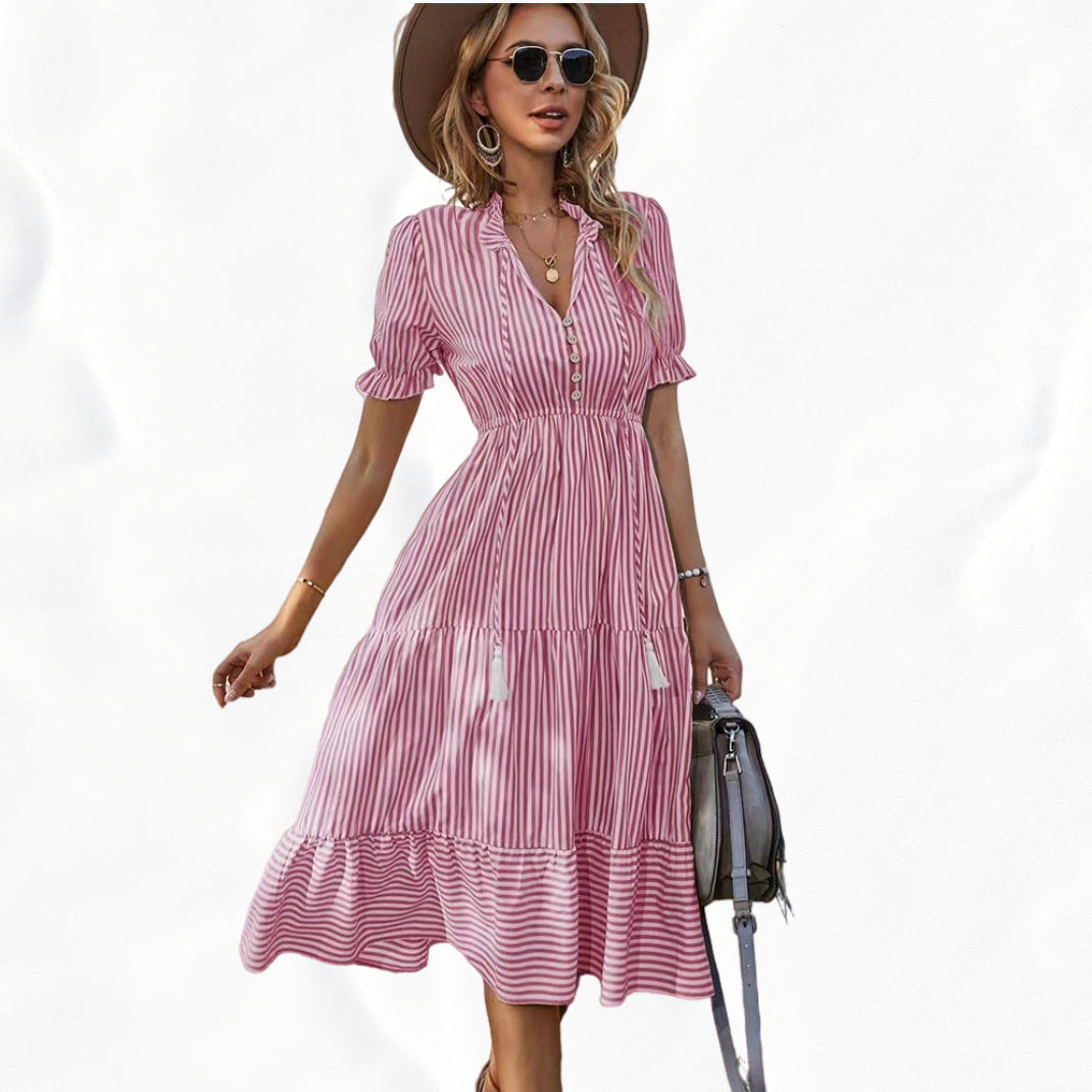 Women's Casual Stripe V-Neck Lantern Sleeve Elastic Waist Midi Dress