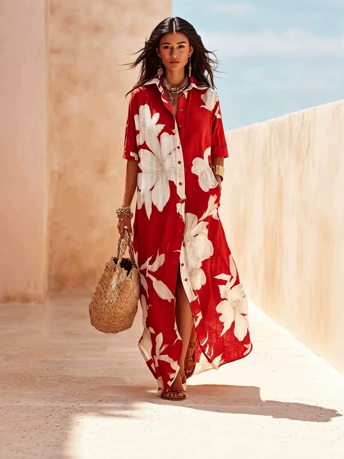 Women's Casual Flower Printed Long Sleeve Split Loose Dress
