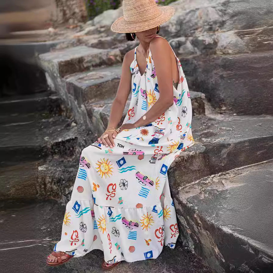 Women's Summer Casual Floral Print V-Neck Sling Maxi Dress