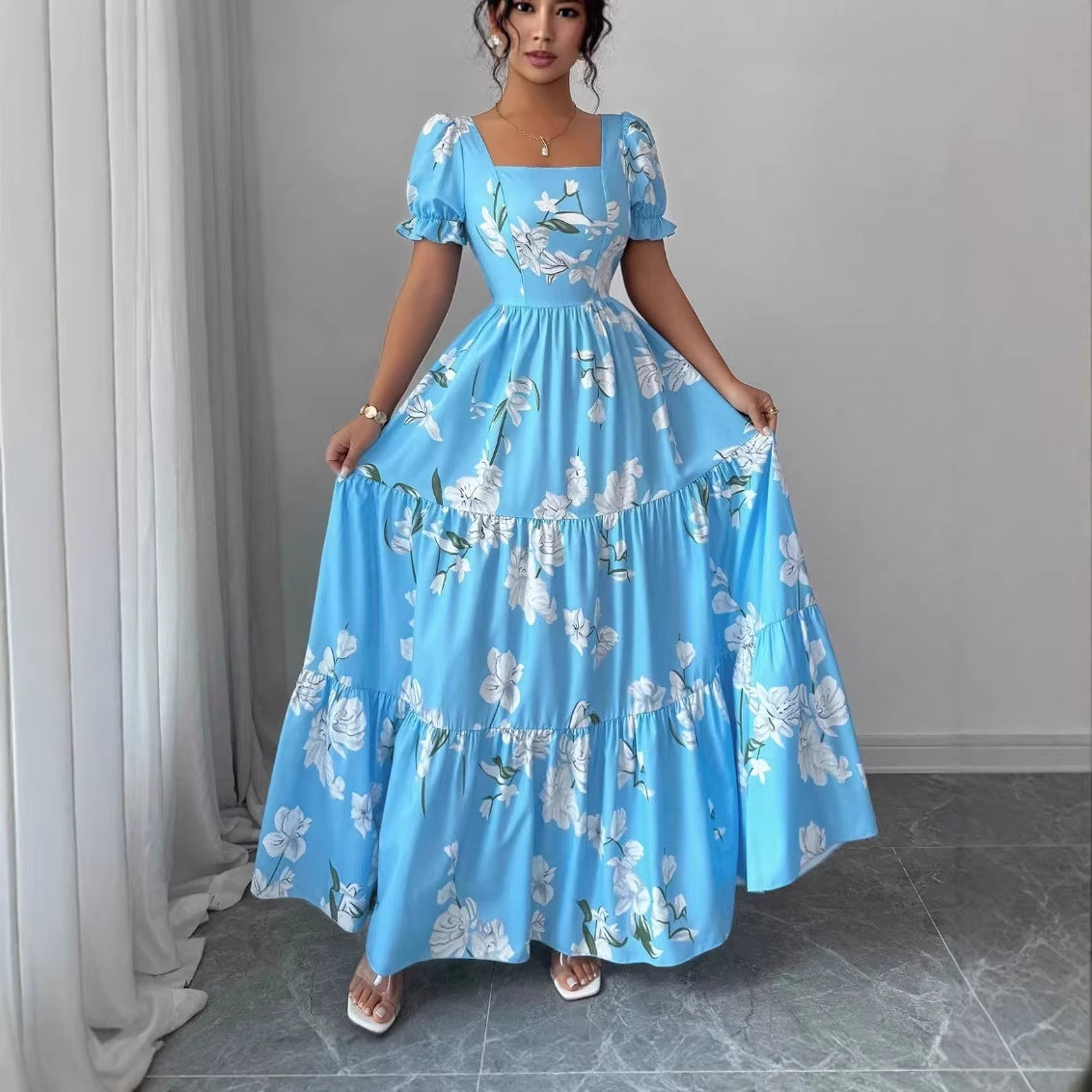 Women's Elegant Flower Printed Square Neck Short Sleeve A-Line Dress