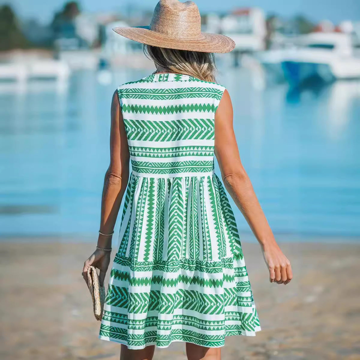 Women's Bohemian Casual Print Dress, Sleeveless V-Neck