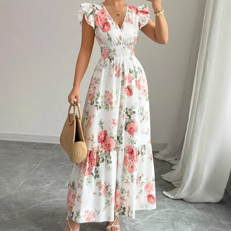 Women's Casual Elegant Summer Floral Print Hem V-Neck Short Sleeve A-Line Dress