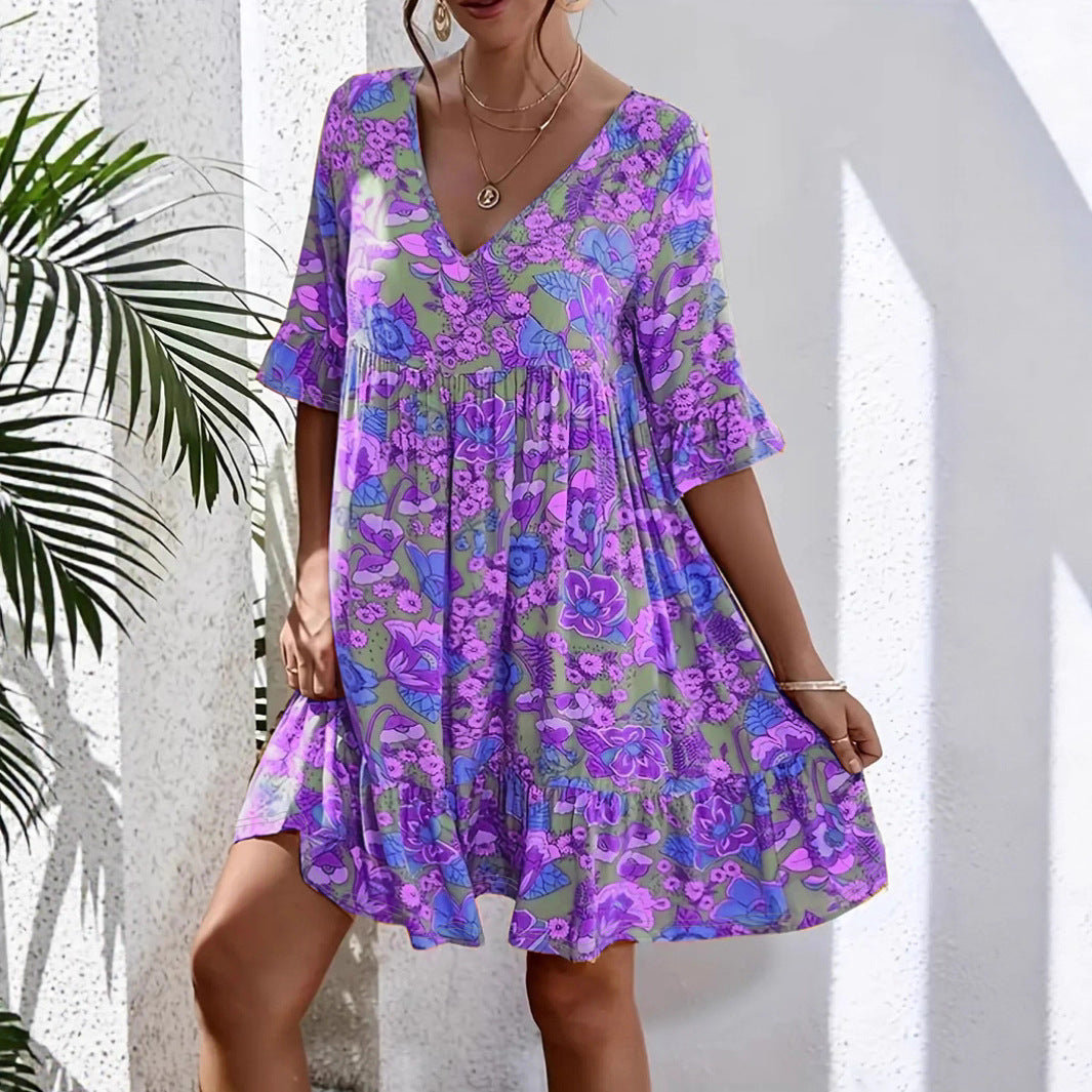 Women's Summer Casual V-Neck Floral Print Bohemian Dress