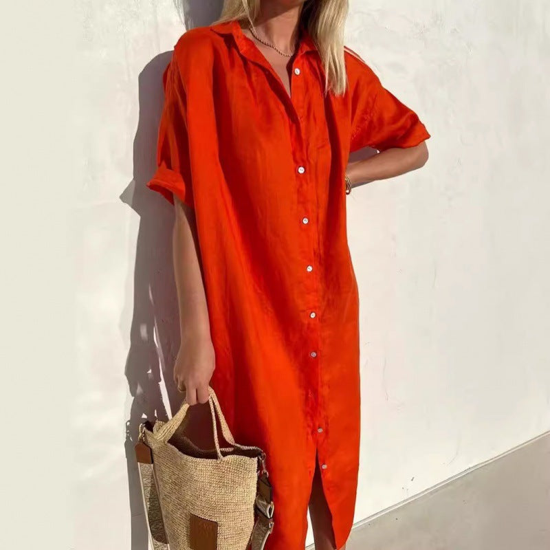 Women's Casual Cotton Linen Solid Color Short Sleeve Lapel Pocket Midi Dress