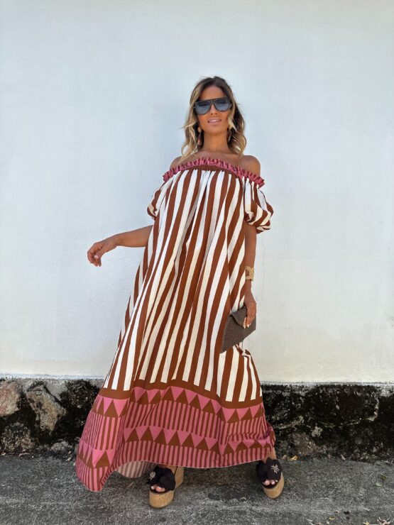 Women's Casual Summer Stripe Print Off-The-Shoulder Puff Sleeve Loose Long Dress