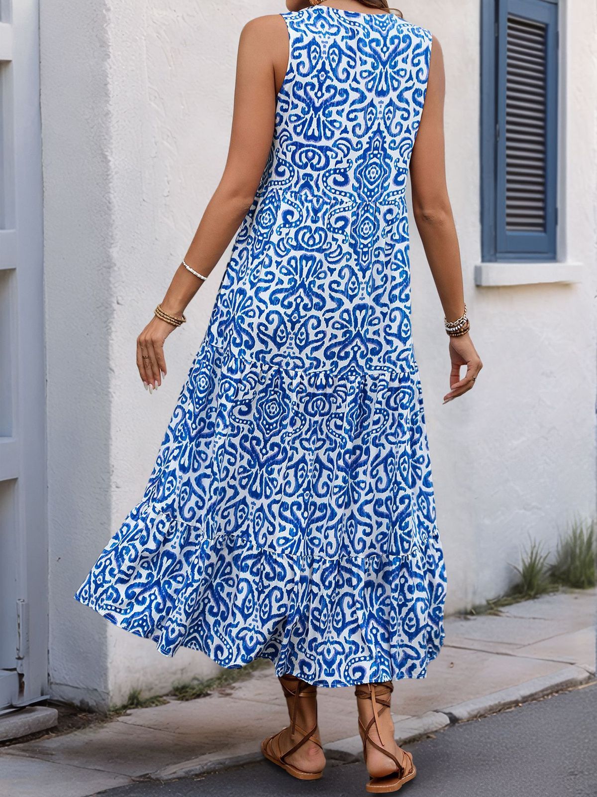 Women's Casual Summer Boho Vacation Printed V-Neck Button Sleeveless Dress