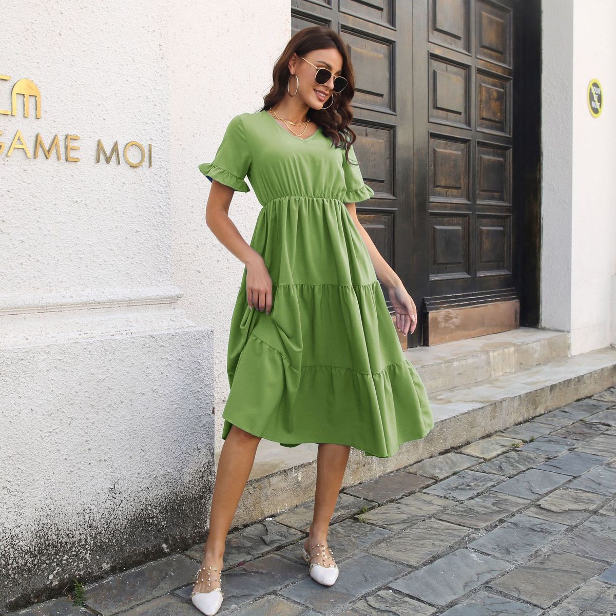 Women's Casual Summer Solid Color V-Neck Short Sleeve Ruffled Layered Dress