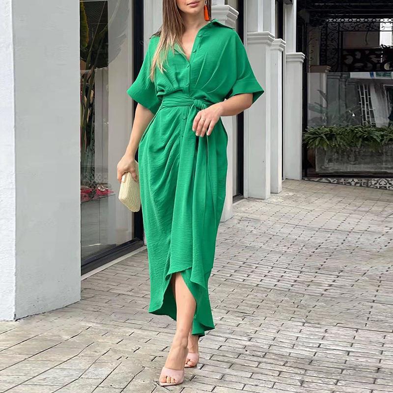 Women's Elegant Solid Color Lapel Short Sleeve Defined Waist Pleated Shirt Dress