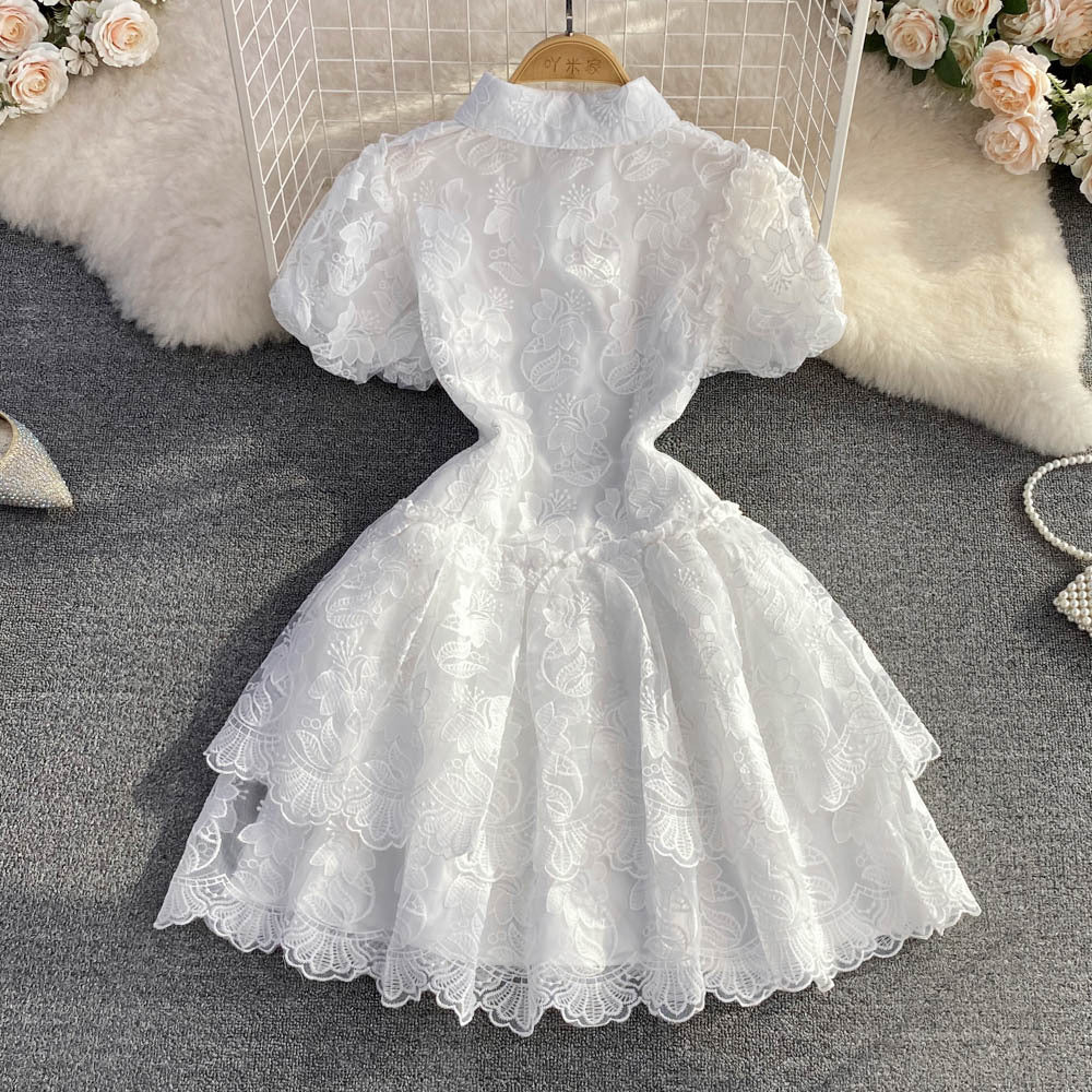 Women's Elegant Lace Embroidery Lapel Single-Breasted Ruffled Dress