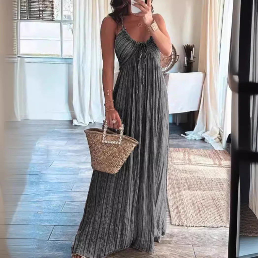 Women's Summer Solid Color Sexy Backless U-Collar Strap Maxi Dress