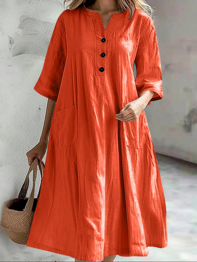 Women's Solid Color Cotton and Linen V-Neck Half-Sleeve Three-Button Dress
