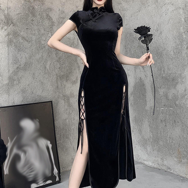 Women's Sexy Dark Gothic Split Strap Cheongsam Dress