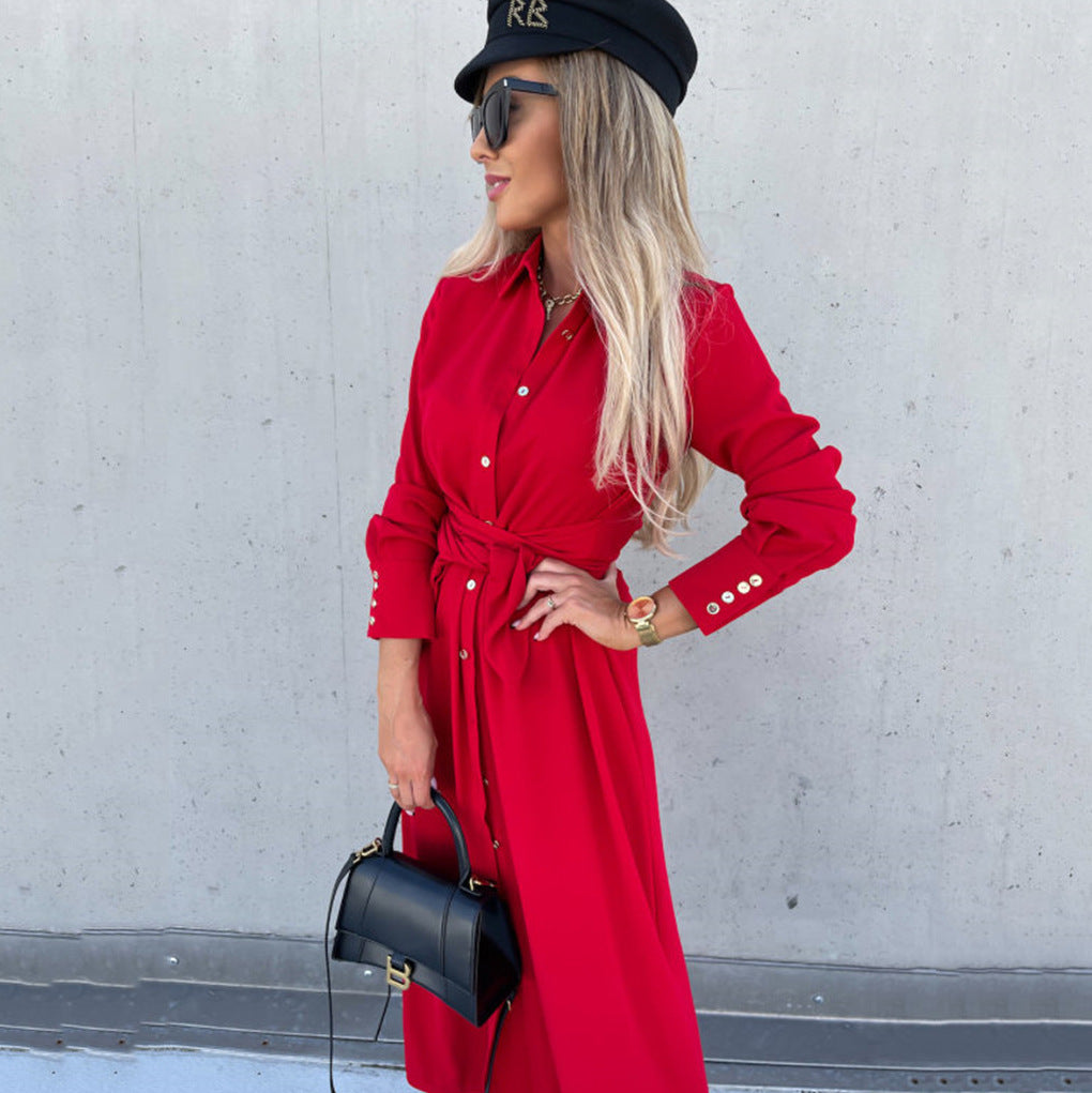 Women's Autumn Winter Solid Color Cardigan Long Sleeve Maxi Shirt Dress