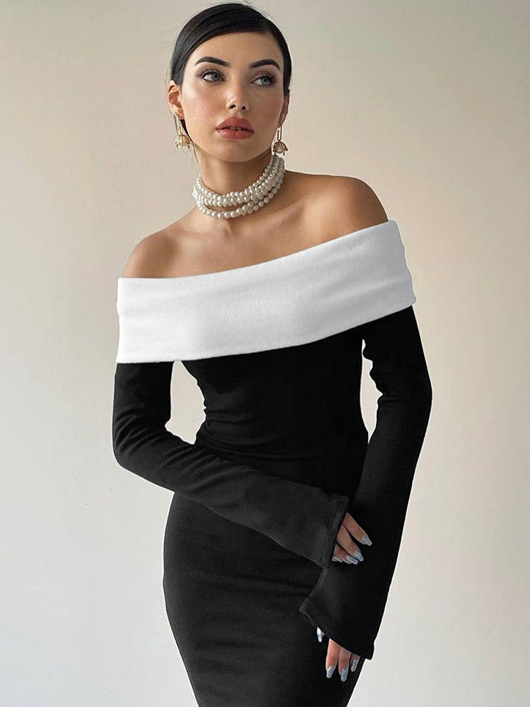 Women's Color Contrast Shoulder Long Sleeve Bodycon Maxi Dress