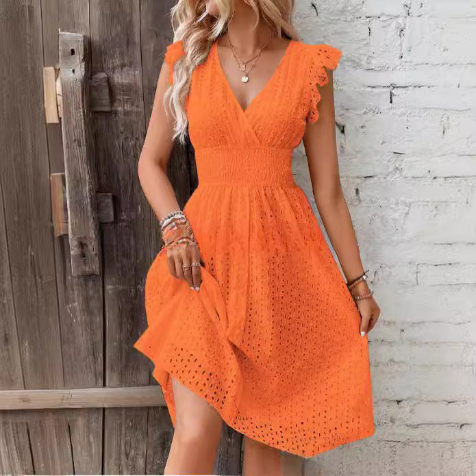 Women's Summer Casual Solid Color Ruffled V-Neck Dress