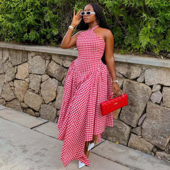 Women's African Hanging Neck Plaid Printed Irregular Hem Dress